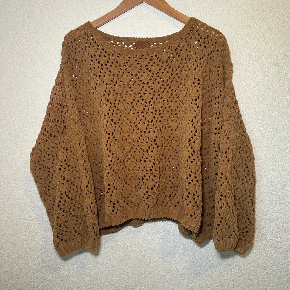 POL Womens Large Open Knit Sweater‎ Crochet Brown Boho Festival Chunky Oversized